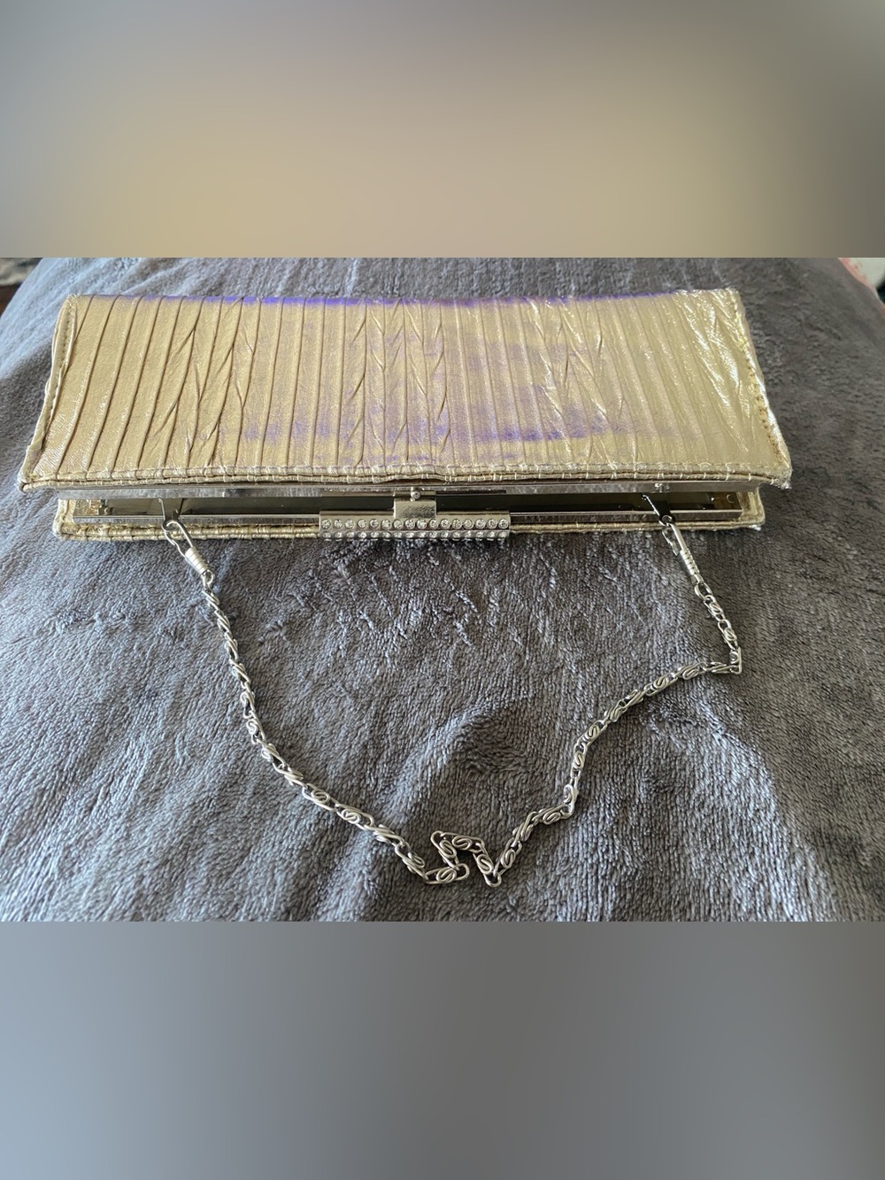 Vintage Parisian Chic Gold Pleated Metallic Clutch | Rhinestone Frame EUC* see